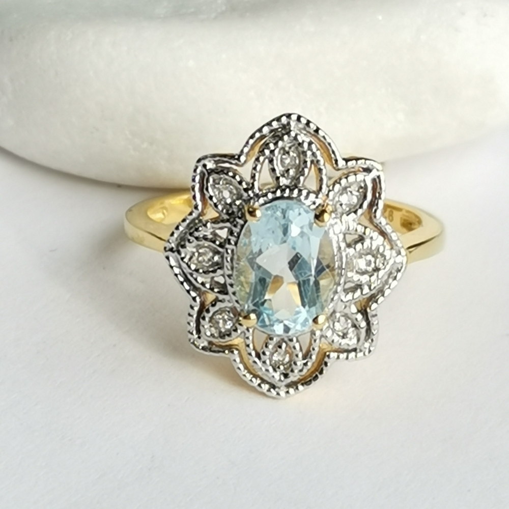 Brazilian Blue Topaz Diamond Ring 14K Gold Sterling Silver Size 7.25 🆕